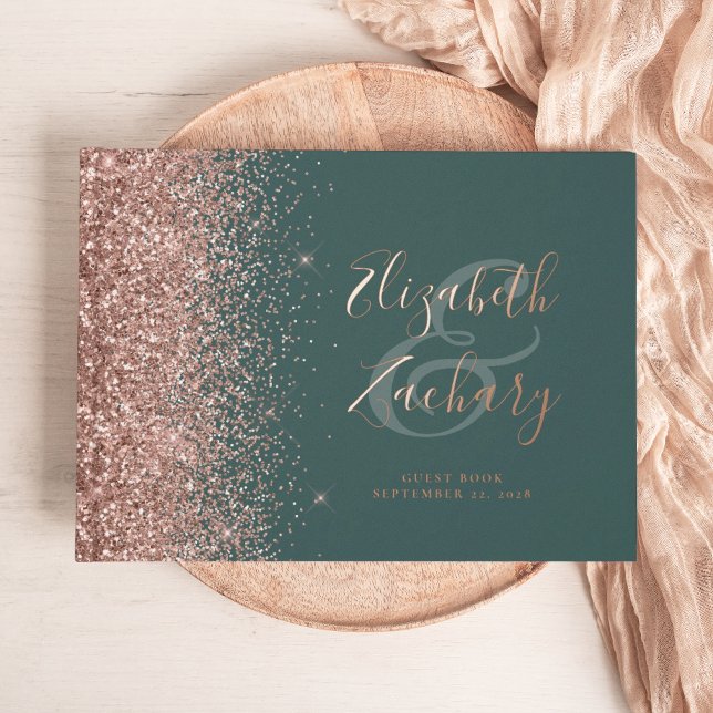 Rose Gold Glitter Script Dark Green Foil Guest Book (Creator Uploaded)
