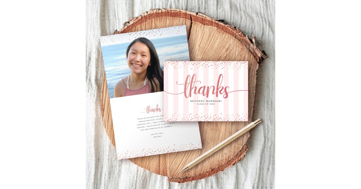 Rose gold glitter script graduation photo modern thank you card | Zazzle