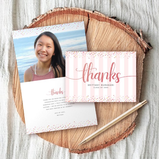 Rose gold glitter script graduation photo modern thank you card (Creator Uploaded)