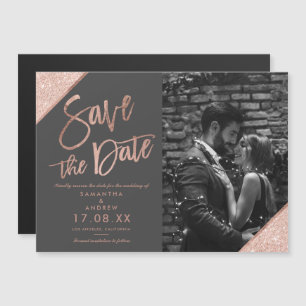 Rose gold glitter script gray photo save the date