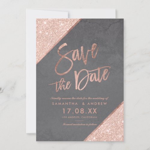 Rose gold glitter script grey cement save the date