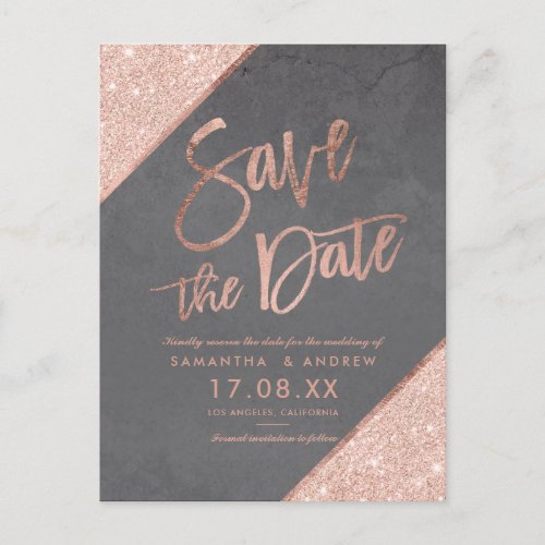 Rose gold glitter script grey cement save the date announcement postcard