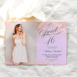 rose gold glitter script lavender photo Sweet 16 Invitation<br><div class="desc">A modern simple rose gold glitter sparkles stylish on customizable pastel lavender Sweet sixteen birthday party invitation,  add your picture  with an elegant swirls calligraphy script.</div>