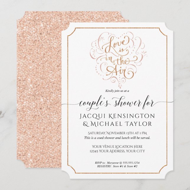 Rose Gold Glitter Script Love in Air Couple Shower Invitation (Front/Back)