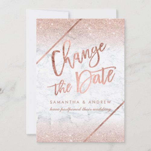 Rose gold glitter script marble change the date save the date