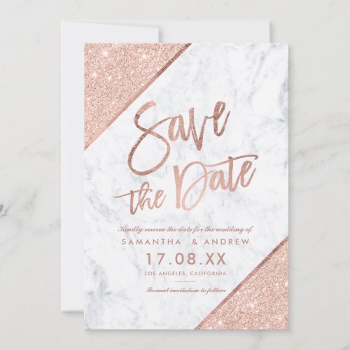 Rose gold glitter script marble save the date