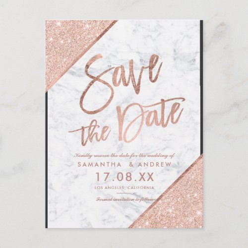 Rose gold glitter script marble save the date announcement postcard