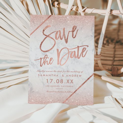 Rose gold glitter script marble save the date announcement postcard