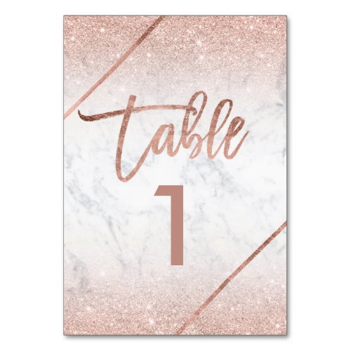 Rose gold glitter script marble table number