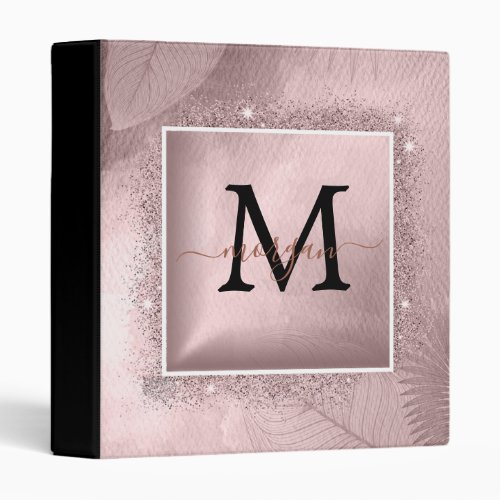 Rose Gold Glitter Script Monogram 3 Ring Binder