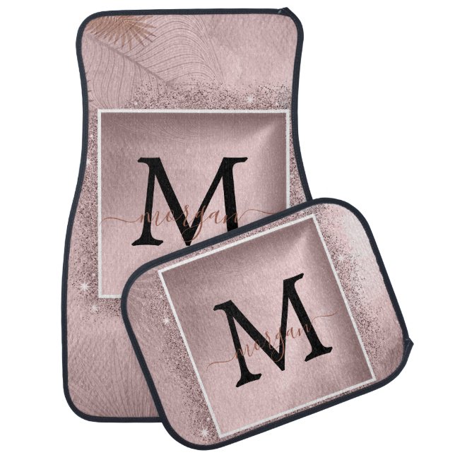 Rose Gold Glitter Script Monogram Car Floor Mat (Set)
