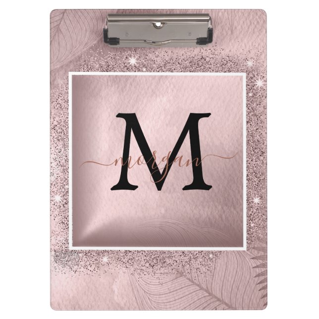 Rose Gold Glitter Script Monogram Clipboard (Front)