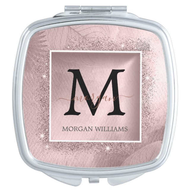 Rose Gold Glitter Script Monogram Compact Mirror (Front)