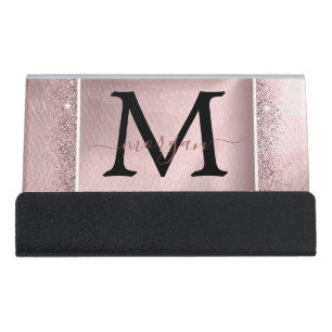 Rose Gold Glitter Script Monogram Desk Business Card Holder