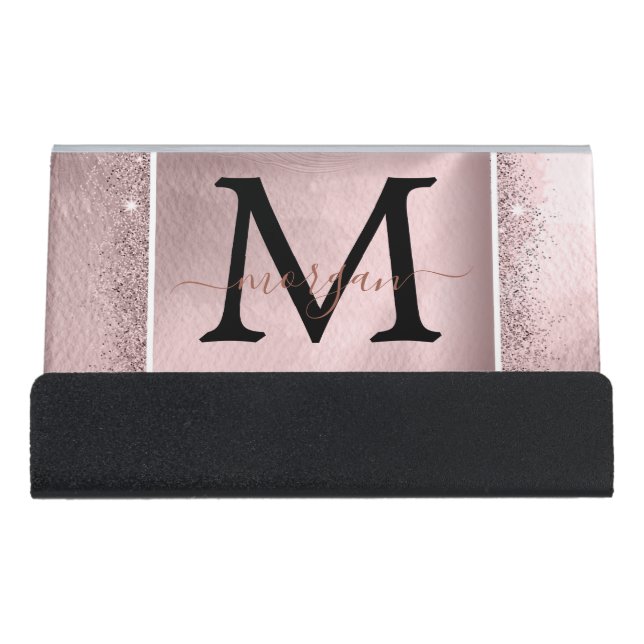 Rose Gold Glitter Script Monogram Desk Business Card Holder (Front)