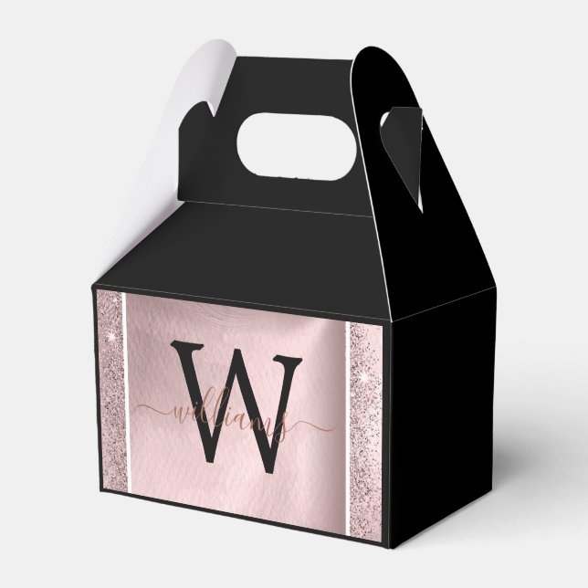 Rose Gold Glitter Script Monogram Favor Boxes (Front Side)
