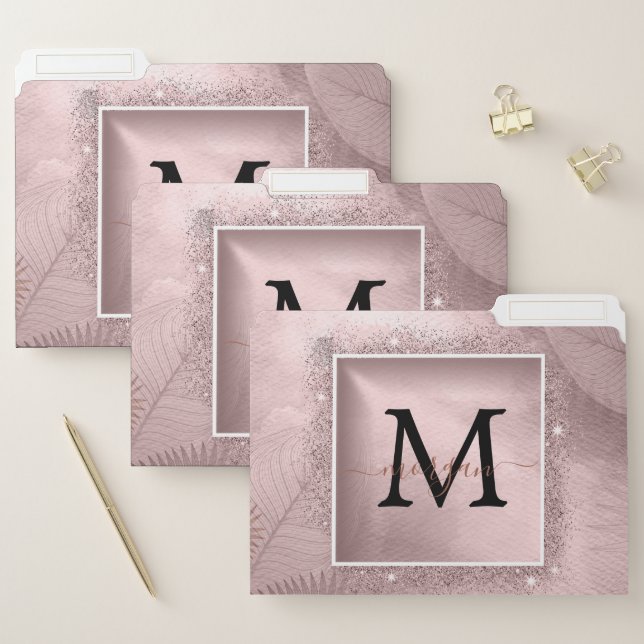 Rose Gold Glitter Script Monogram File Folder (Set)