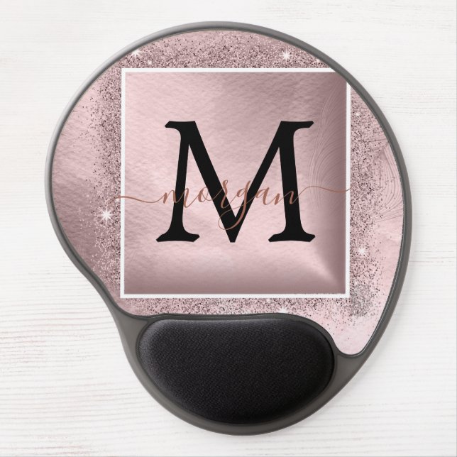 Rose Gold Glitter Script Monogram Gel Mouse Pad (Front)