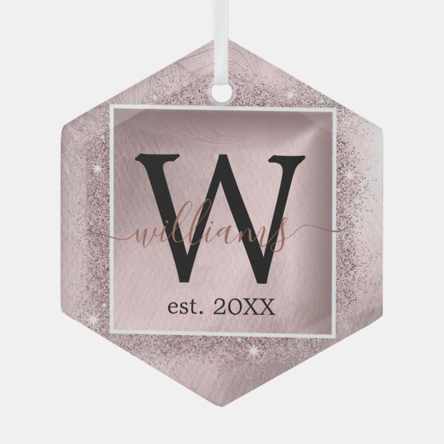 Rose Gold Glitter Script Monogram Glass Ornament (Front)