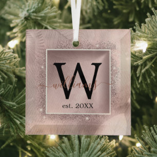 Rose Gold Glitter Script Monogram Glass Ornament