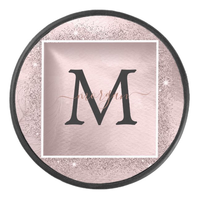 Rose Gold Glitter Script Monogram Hockey Puck (Front)