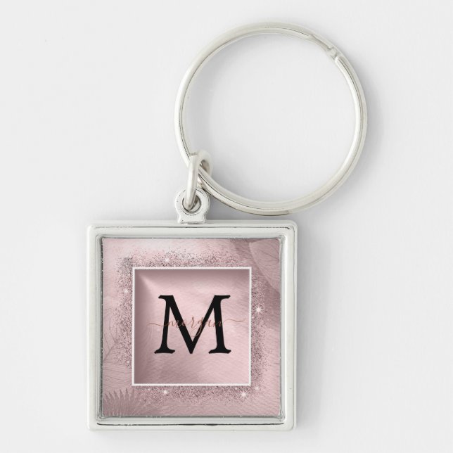 Rose Gold Glitter Script Monogram Keychain (Front)