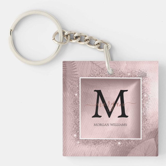 Rose Gold Glitter Script Monogram Keychain (Front)
