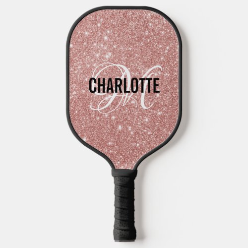 Rose gold glitter script monogram name pickleball paddle