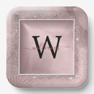 Rose Gold Glitter Script Monogram Paper Plates