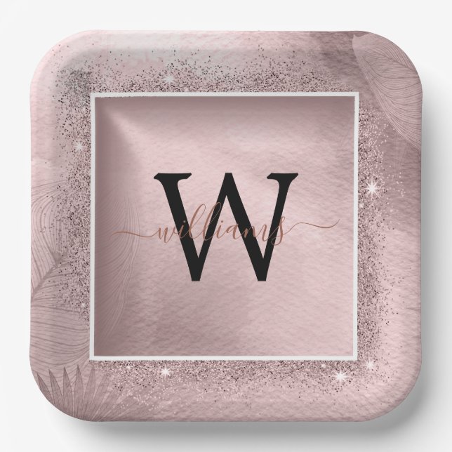 Rose Gold Glitter Script Monogram Paper Plates (Front)