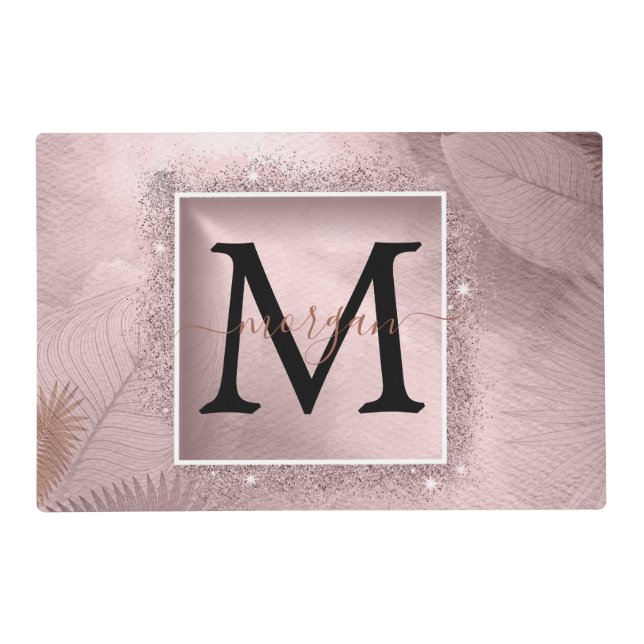 Rose Gold Glitter Script Monogram Placemat (Front)