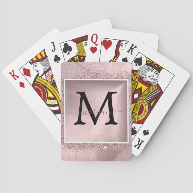 Rose Gold Glitter Script Monogram Poker Cards (Back)
