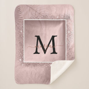 Rose Gold Glitter Script Monogram Sherpa Blanket