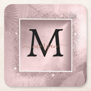Rose Gold Glitter Script Monogram Square Paper Coaster