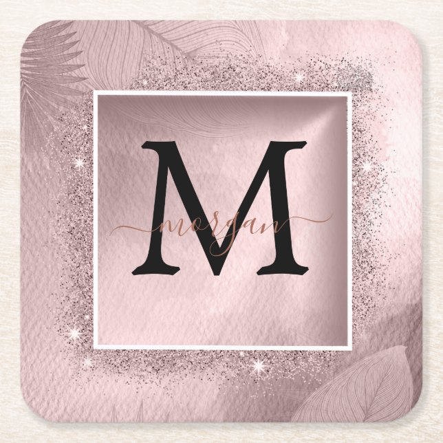 Rose Gold Glitter Script Monogram Square Paper Coaster (Front)