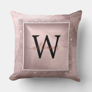 Rose Gold Glitter Script Monogram Throw Pillow