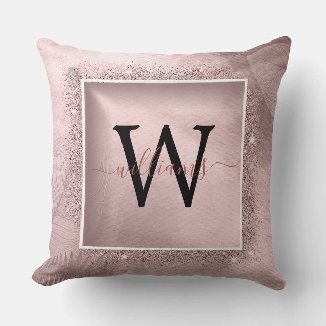 Rose Gold Glitter Script Monogram Throw Pillow (Front)