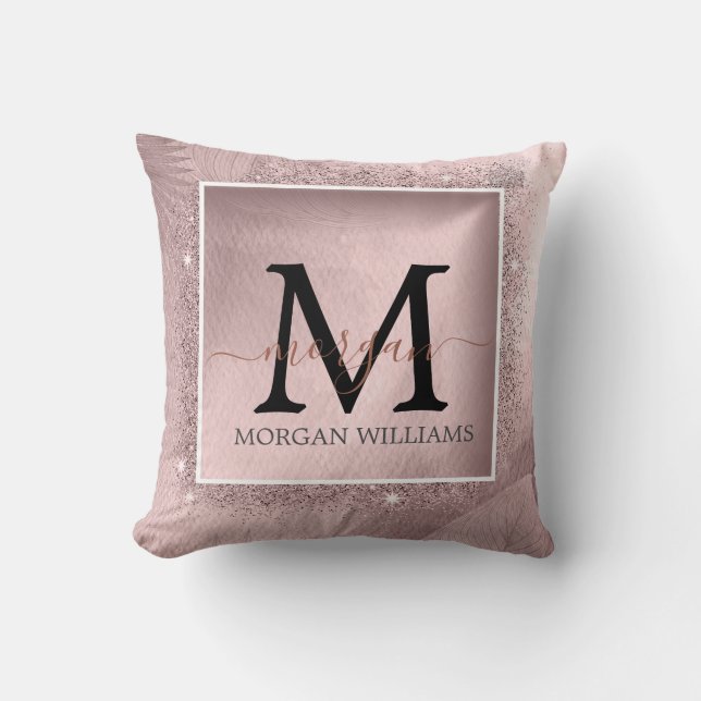 Rose Gold Glitter Script Monogram  Throw Pillow (Front)