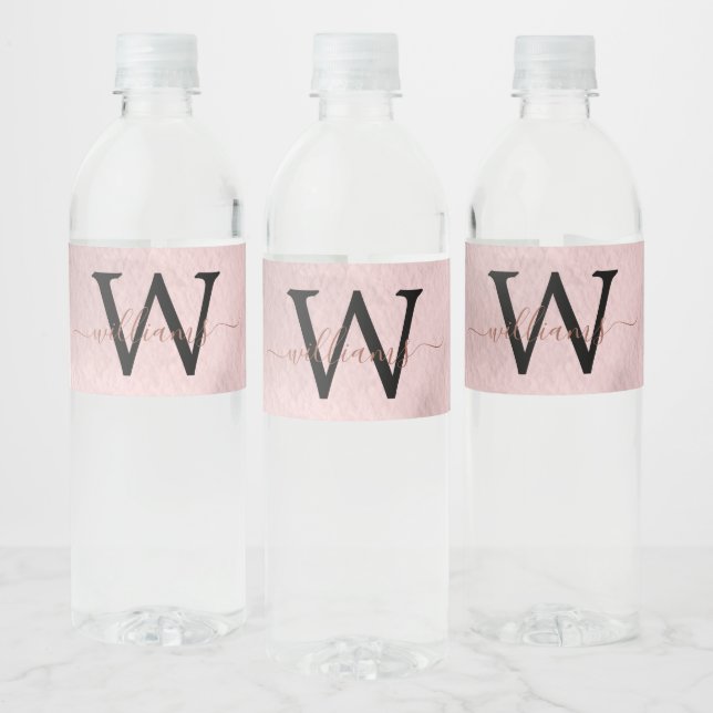 Rose Gold Glitter Script Monogram Water Bottle Label (Bottles)