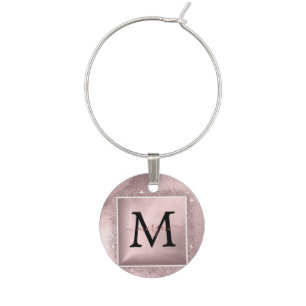 Rose Gold Glitter Script Monogram Wine Charm