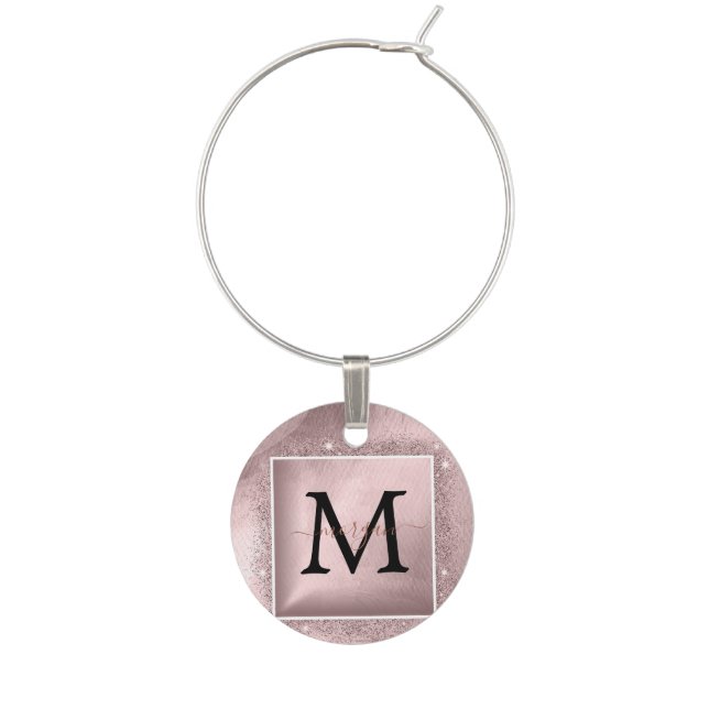 Rose Gold Glitter Script Monogram Wine Charm (Front)