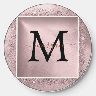 Rose Gold Glitter Script Monogram Wireless Charger