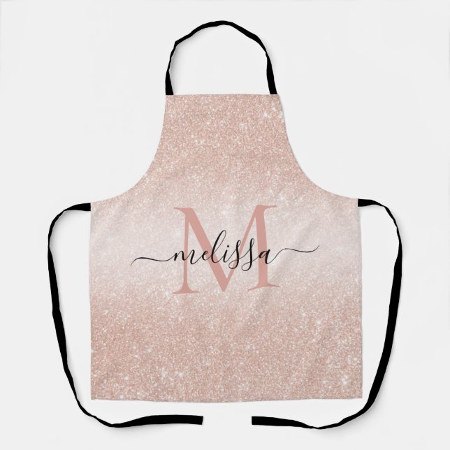 Rose Gold Glitter Script Name Monogram Apron (Front)