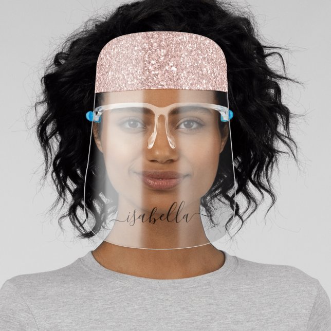 Rose Gold Glitter Script Name Monogram Face Shield (Insitu)