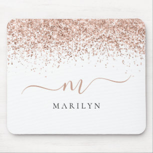 Rose Gold Glitter Script Name Monogram Initial Mouse Pad