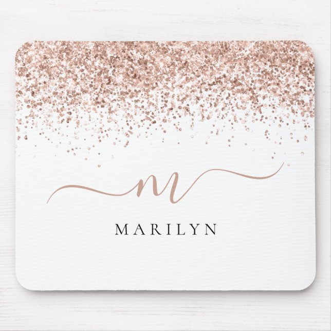 Rose Gold Glitter Script Name Monogram Initial Mouse Pad (Front)