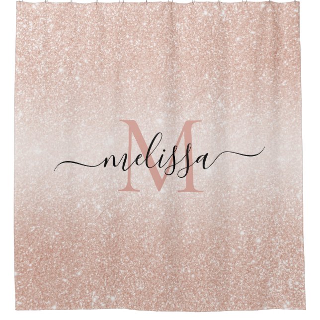 Rose Gold Glitter Script Name Monogram Shower Curtain (Front)