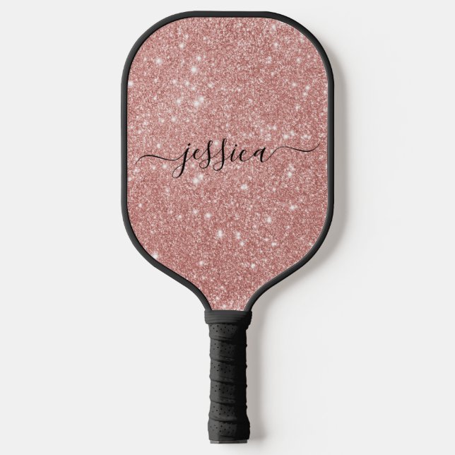 Rose gold glitter script name pickleball paddle (Front)