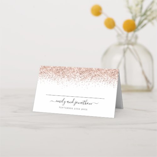 Rose Gold Glitter Script Names Date Place Card