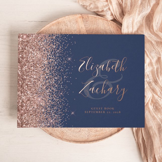 Rose Gold Glitter Script Navy Blue Foil Guest Book (Creator Uploaded)